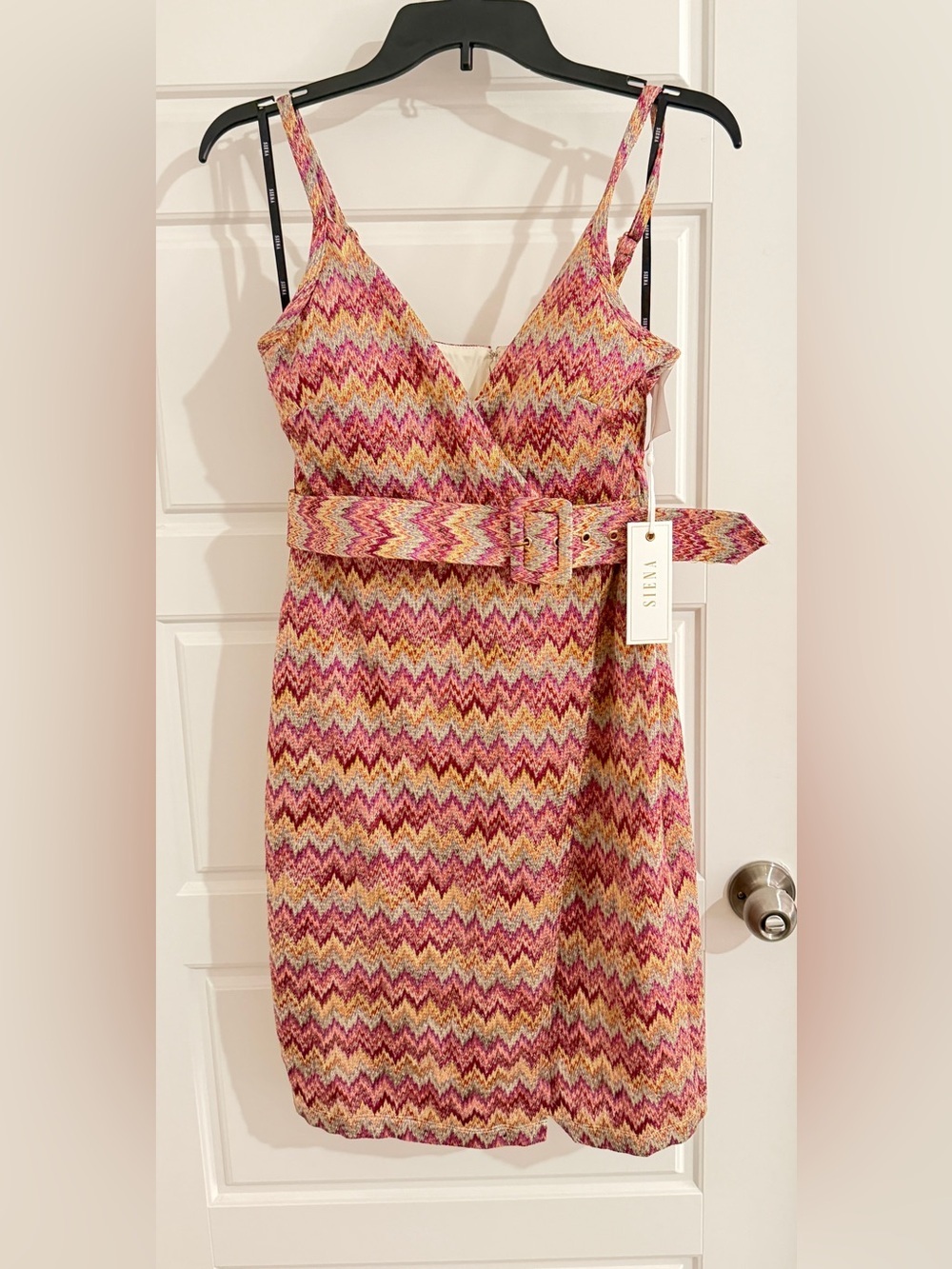 Siena Women's Printed Belted Sheath Pink Multi MIDI Dress - Picture 5 of 6